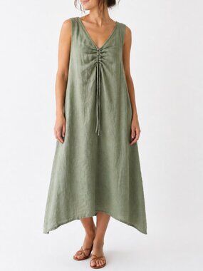 BELLA AMORE 100% Linen Midi Lagenlook Dress Sleeveless Green Womens Small/Medium